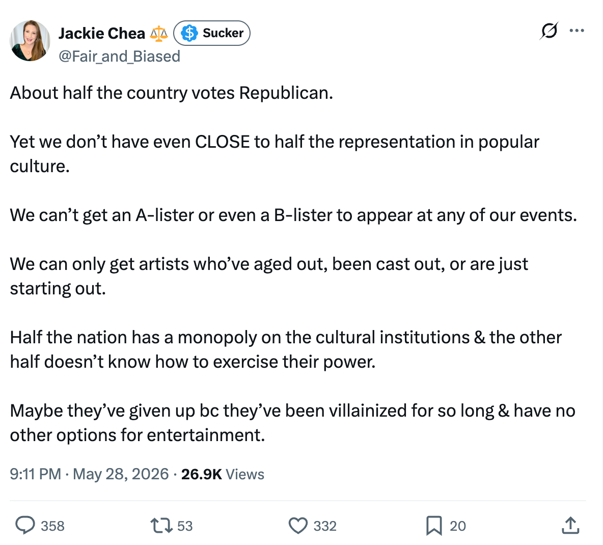 About half the country votes Republican. Yet we don’t have even CLOSE to half the representation in popular culture. We can’t get an A-lister or even a B-lister to appear at any of our events. We can only get artists who’ve aged out, been cast out, or are just starting out. Half the nation has a monopoly on the cultural institutions & the other half doesn’t know how to exercise their power. Maybe they’ve given up bc they’ve been villainized for so long & have no other options for entertainment. About half the country votes Republican. Yet we don’t have even CLOSE to half the representation in popular culture. We can’t get an A-lister or even a B-lister to appear at any of our events. We can only get artists who’ve aged out, been cast out, or are just starting out. Half the nation has a monopoly on the cultural institutions & the other half doesn’t know how to exercise their power. Maybe they’ve given up bc they’ve been villainized for so long & have no other options for entertainment.