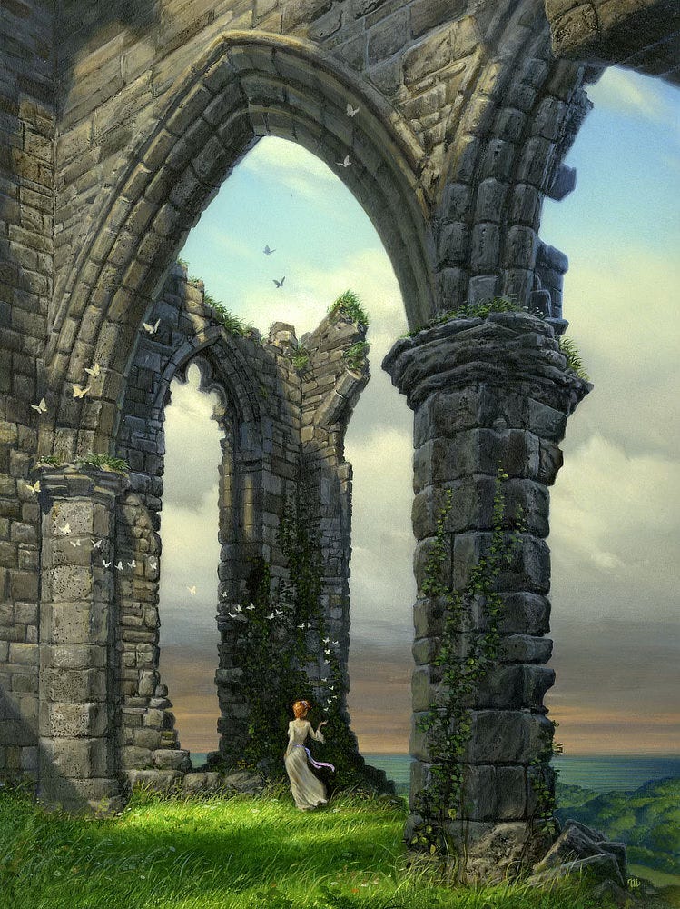 Long shadows fall across the ivy covered ruins of an abbey. Standing casually in the tall grass among the ruins, a woman in a white dress with a windswept lavender sash rests one hand on her hip as she glances to the side. Her palm is upturned as if releasing a stream of pale butterflies that flutter up and away past a tall pointed arch in a sweeping S-shaped curve. Long shadows fall across the ivy covered ruins of an abbey. Standing casually in the tall grass among the ruins, a woman in a white dress with a windswept lavender sash rests one hand on her hip as she glances to the side. Her palm is upturned as if releasing a stream of pale butterflies that flutter up and away past a tall pointed arch in a sweeping S-shaped curve.