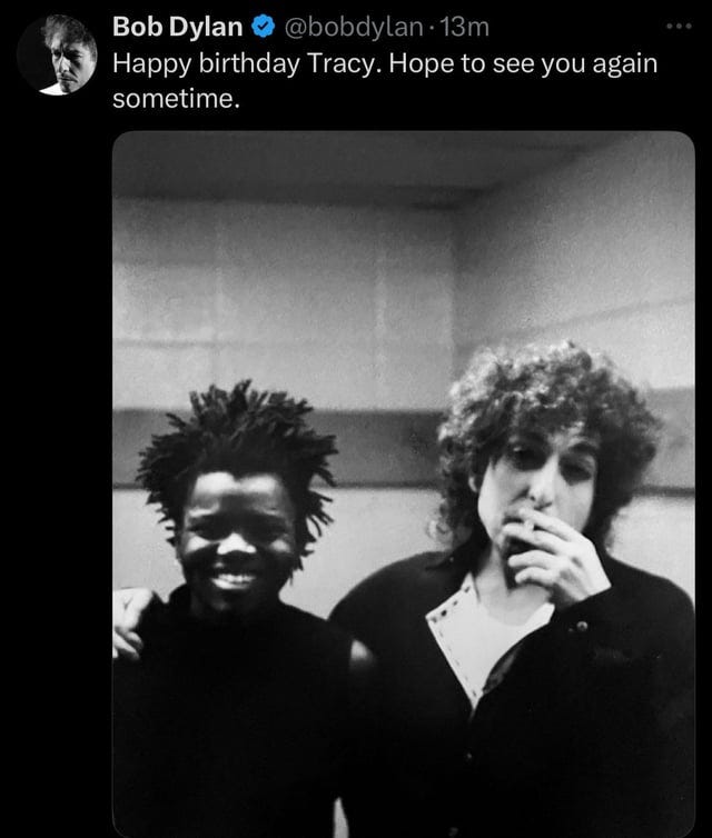 r/bobdylan - Bob Dylan sometime. 13m Happy birthday Tracy. Hope to see you again