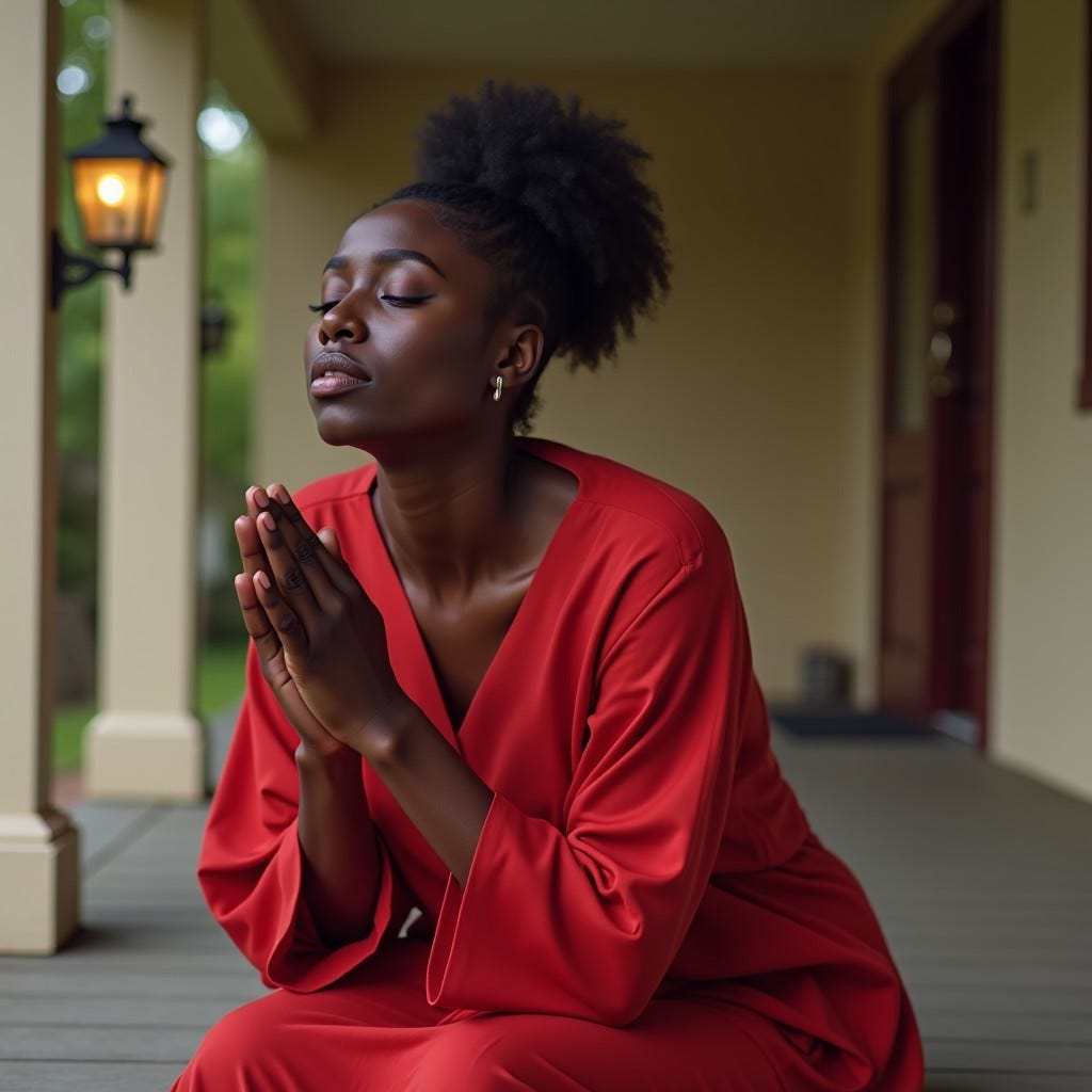 Provide me a realistic image of an African American woman with red outfit on sitting on the porch solid clothing praying with eyes closed 8K Resolution