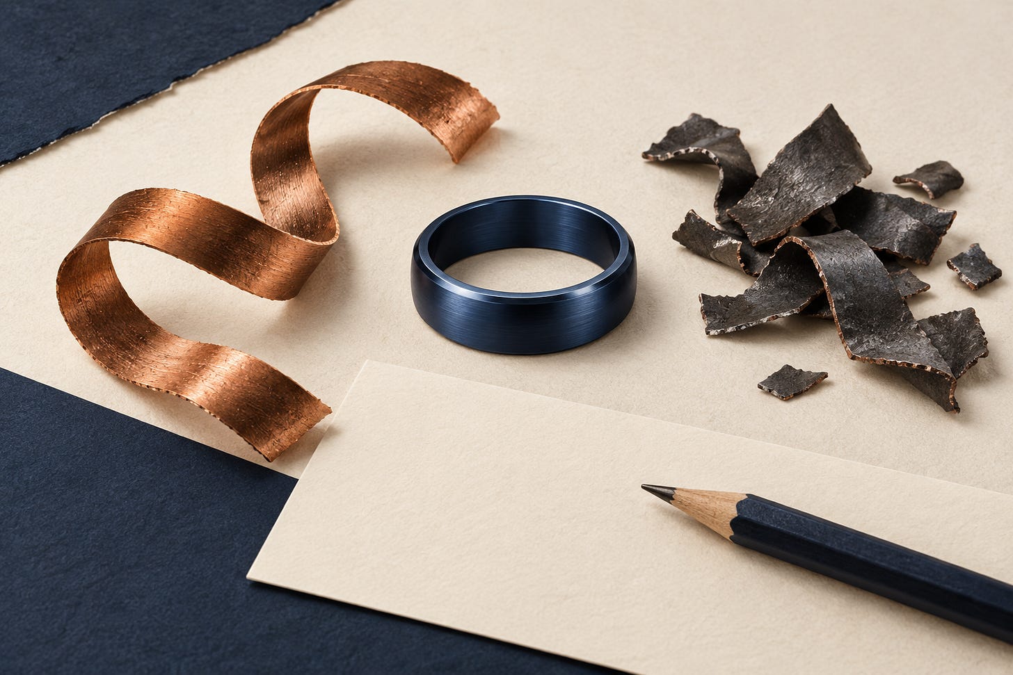 Editorial illustration of a navy metal ring beside a curled copper strip and dark offcuts, with a blank record card and pencil. Editorial illustration of a navy metal ring beside a curled copper strip and dark offcuts, with a blank record card and pencil.