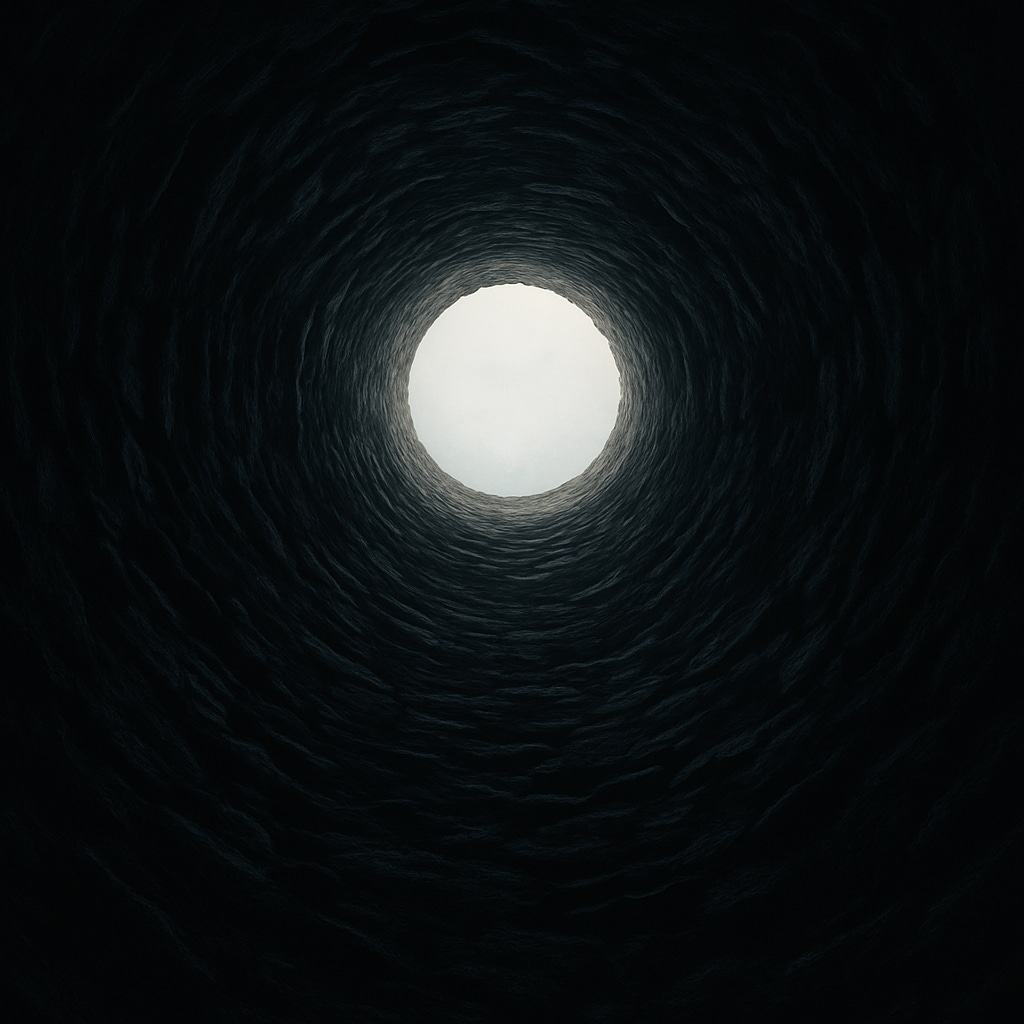 An eerie, upward view from the bottom of a deep stone well. The rough, moss-lined walls rise toward a distant circle of pale light far above. Faint mist clings to the stones, and the opening at the top feels impossibly far—framing the isolation and dread of something waiting in the dark.
