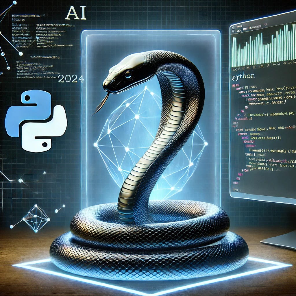 A sleek, futuristic snake coiled around a glowing computer screen displaying Python code. The background features digital graphs and AI symbols, representing the top Python libraries of 2024.