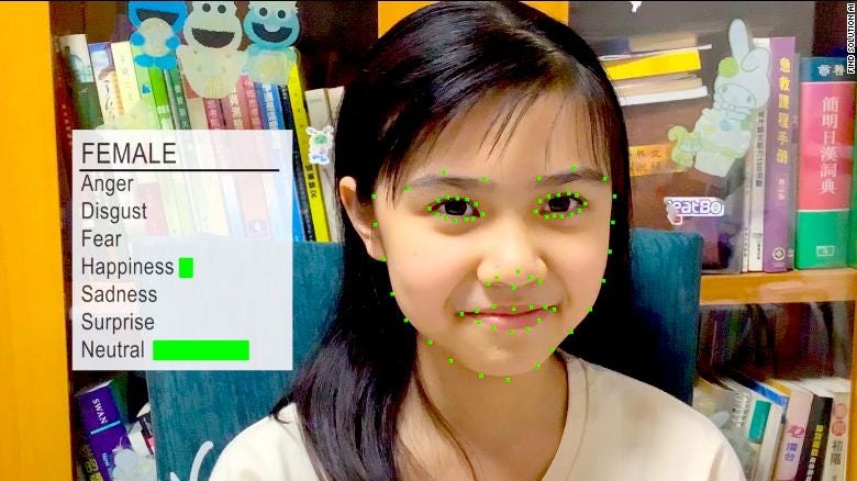 The AI tracks the movement of muscles on a student&#39;s face to assess emotion. For example, if the corners of their mouth are raised, the machine detects happiness.
