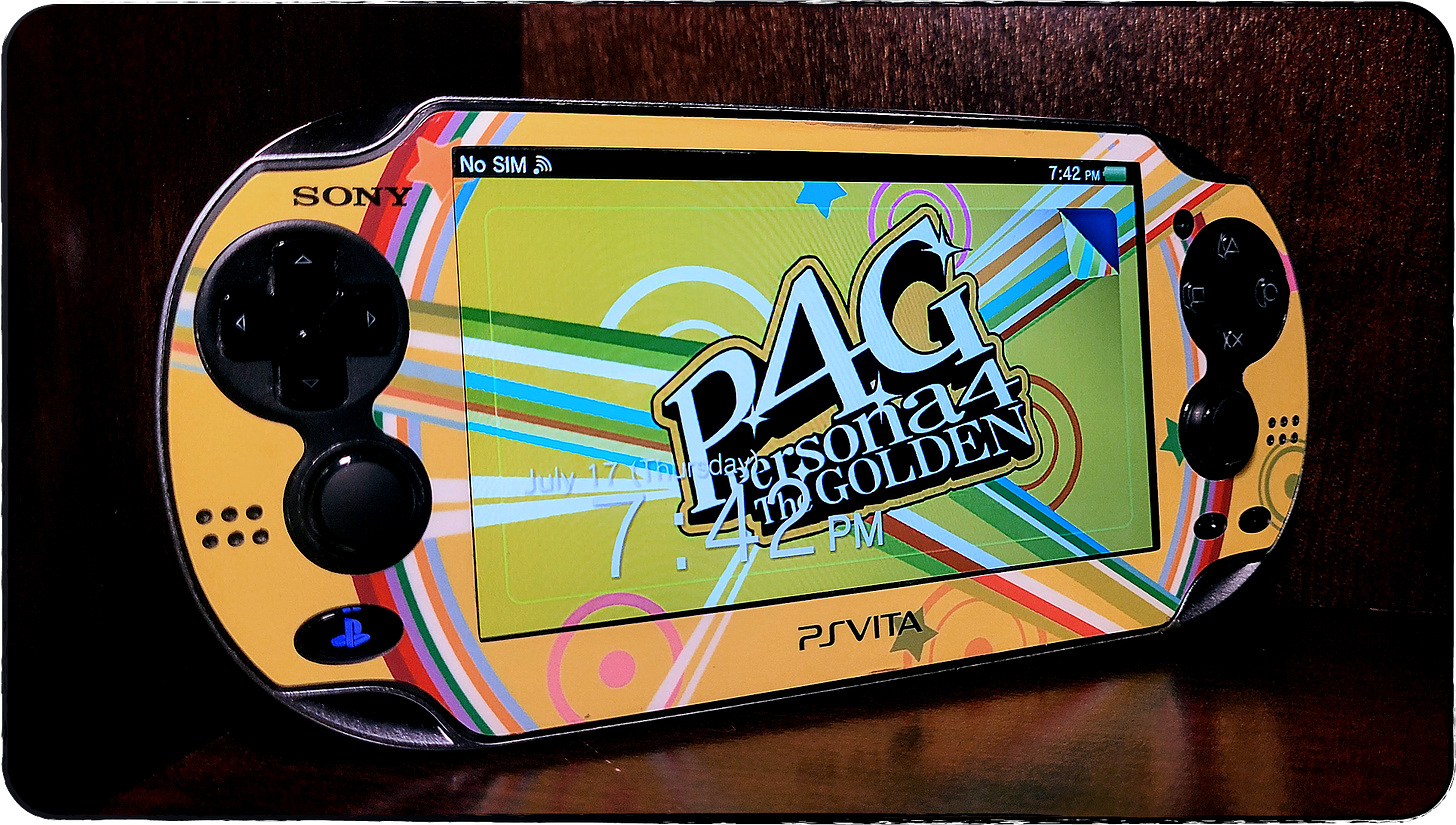 A photo of my PlayStation Vita that still has the Persona 4 Golden skin/theme on it!