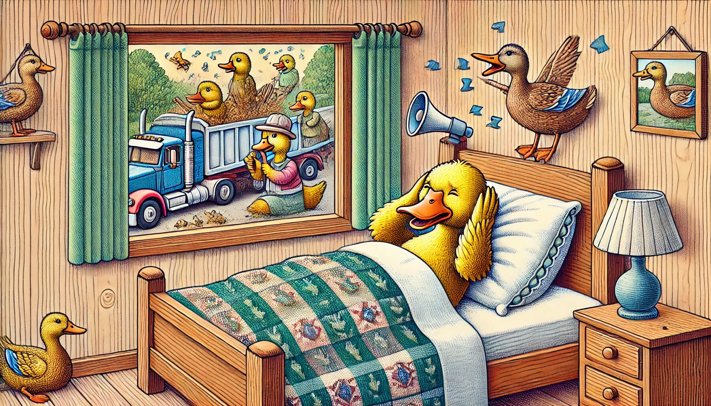 A colorful and detailed illustration in landscape aspect ratio of a duck lying in bed, trying to cover its ears with a pillow. The duck looks frustrated and is nestled under a blanket in a cozy bedroom. Outside the window, several ducks are making noise: one duck is blowing into a trumpet, another is using a jackhammer, and another is driving a big rig truck while blowing its horn. The scene outside is busy and chaotic, contrasting with the quiet interior. The room features a wooden bed frame, a nightstand with a lamp, and a few duck-themed decorations.