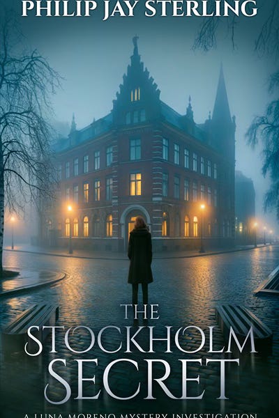 A foggy night with a woman's silhouette facing an ornate building at a crossroads A foggy night with a woman's silhouette facing an ornate building at a crossroads