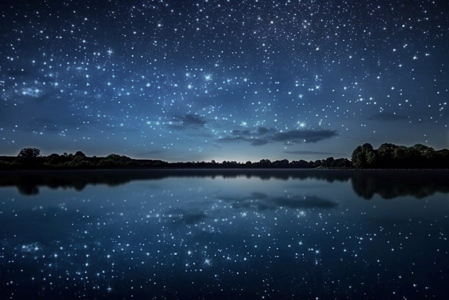 Illustration ofnight sky with stars reflected in lake