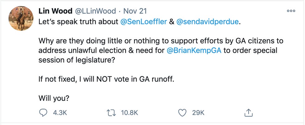 Let\u2019s speak truth about @SenLoeffler & @sendavidperdue . Why are they doing little or nothing to support efforts by GA citizens to address unlawful election & need for @BrianKempGA to order special session of legislature? If not fixed, I will NOT vote in GA runoff. Will you? Let\u2019s speak truth about @SenLoeffler & @sendavidperdue . Why are they doing little or nothing to support efforts by GA citizens to address unlawful election & need for @BrianKempGA to order special session of legislature? If not fixed, I will NOT vote in GA runoff. Will you?