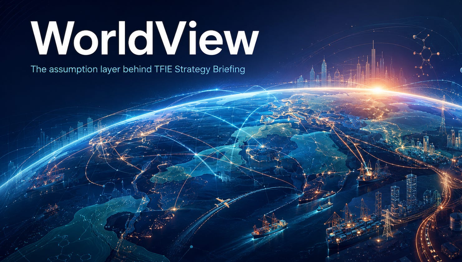 Stylized global horizon with glowing trade routes, transmission lines, ports, cities, aircraft, industrial systems, molecular patterns, and data arcs under the title “WorldView.” Stylized global horizon with glowing trade routes, transmission lines, ports, cities, aircraft, industrial systems, molecular patterns, and data arcs under the title “WorldView.”