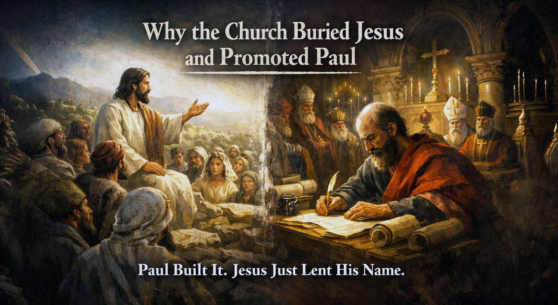 Illustration showing Jesus teaching poor followers in Galilee contrasted with Paul writing theological letters in a church setting. Illustration showing Jesus teaching poor followers in Galilee contrasted with Paul writing theological letters in a church setting.