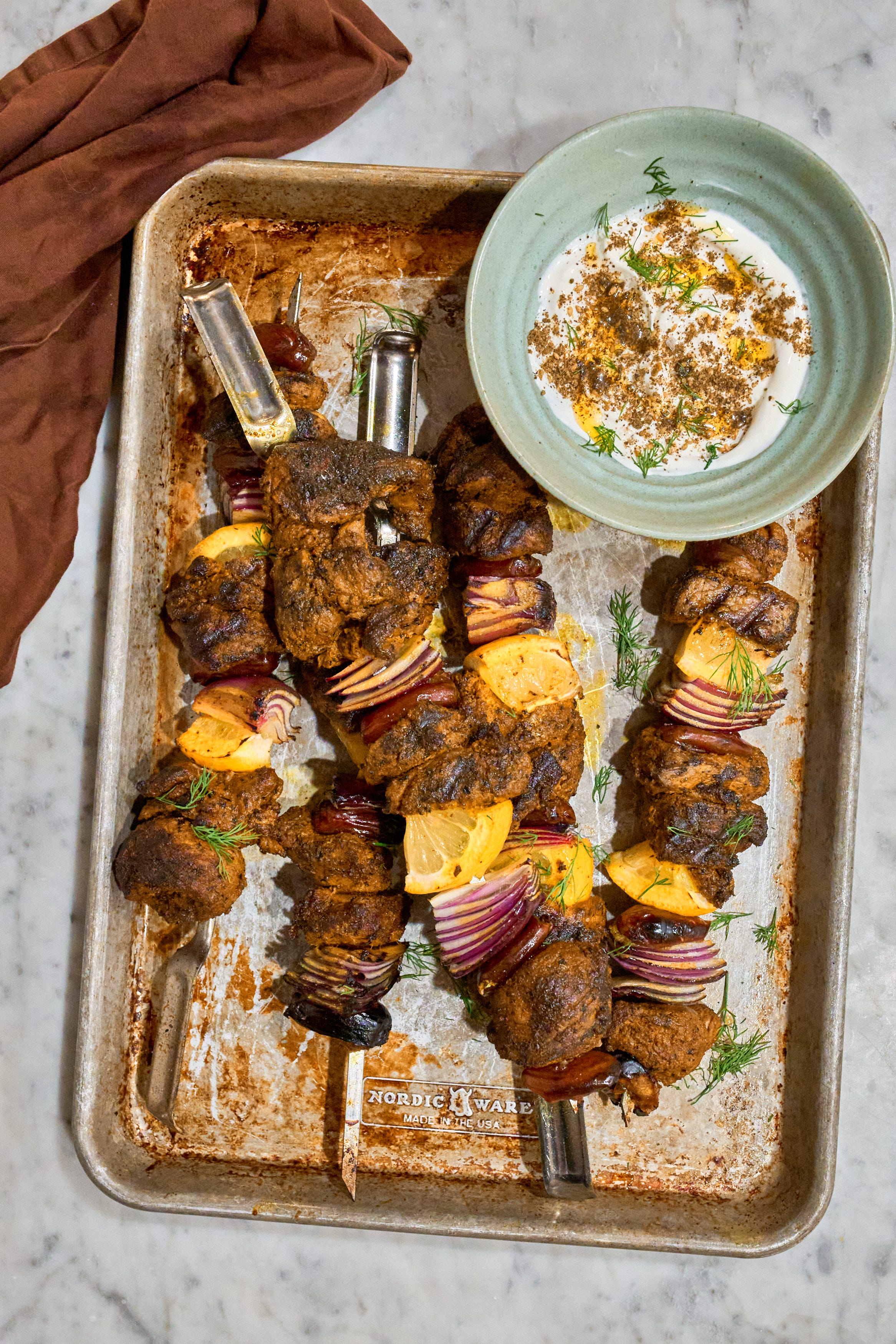 Spiced Lamb Skewers with Dates and Lemon - by Colu Henry
