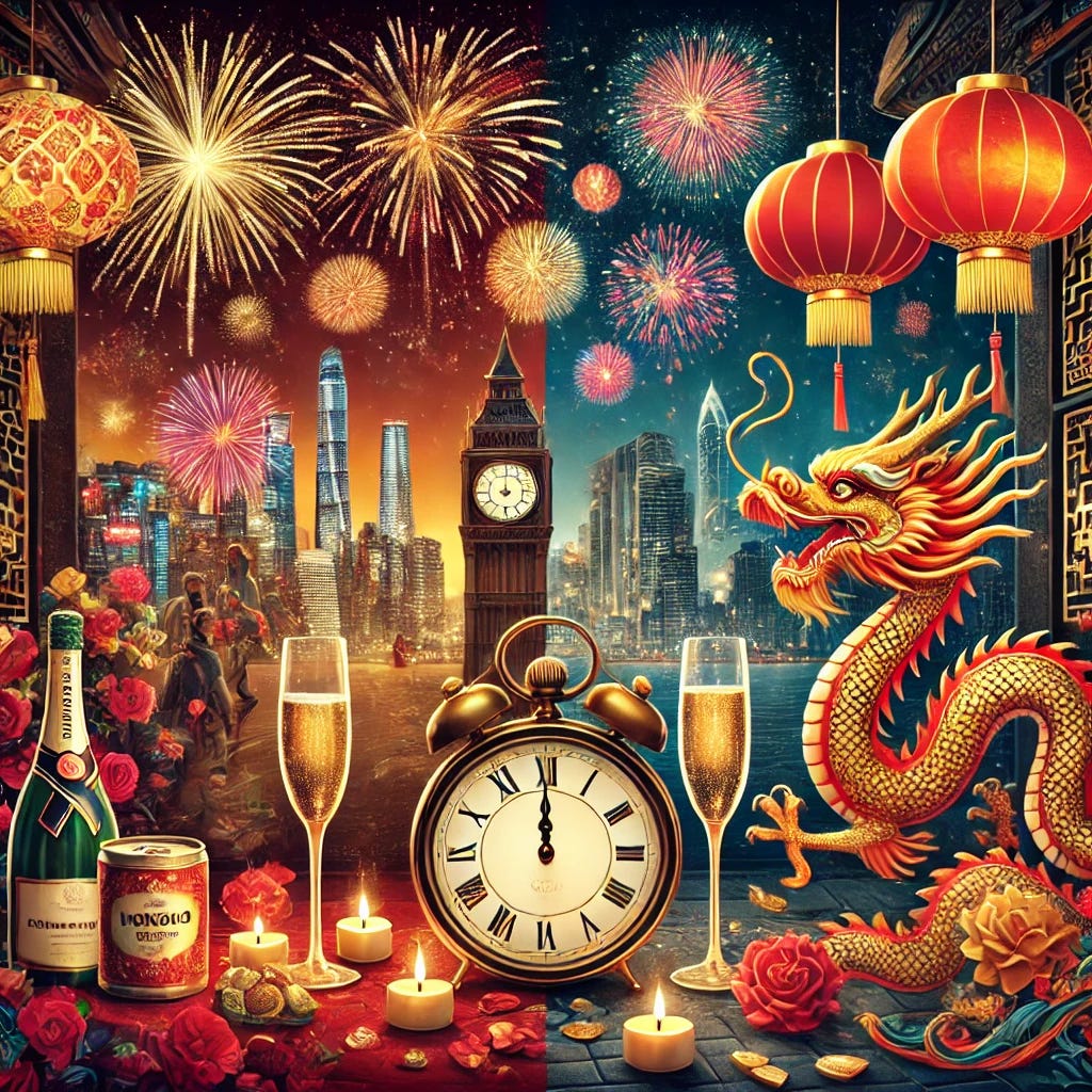 A festive scene combining New Year's celebrations from both the Gregorian and Chinese calendars. The image features a lively mix of Western and Chinese traditions: fireworks in the night sky, a grand clock striking midnight, and champagne glasses clinking. Alongside these, traditional Chinese red lanterns glow warmly, a colorful dragon dance is in motion, and red envelopes (hongbao) are exchanged for good fortune. The colors are rich and vibrant, with gold and red dominating the festive atmosphere. The setting blends modern cityscape elements with traditional Chinese architecture, symbolizing the unity of both celebrations.
