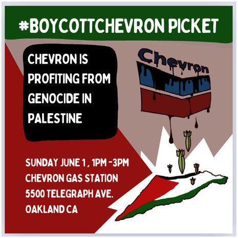 An image showing the Chevron logo dripping bombs onto the Palestinian flag, with the text describing the upcoming event.