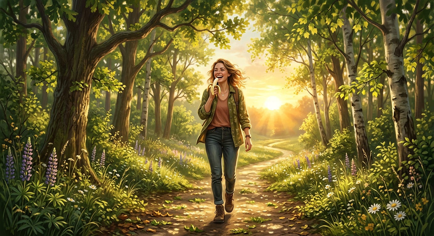 Happy woman walking sunny tree-lined path eating a banana, warm golden light ahead Happy woman walking sunny tree-lined path eating a banana, warm golden light ahead
