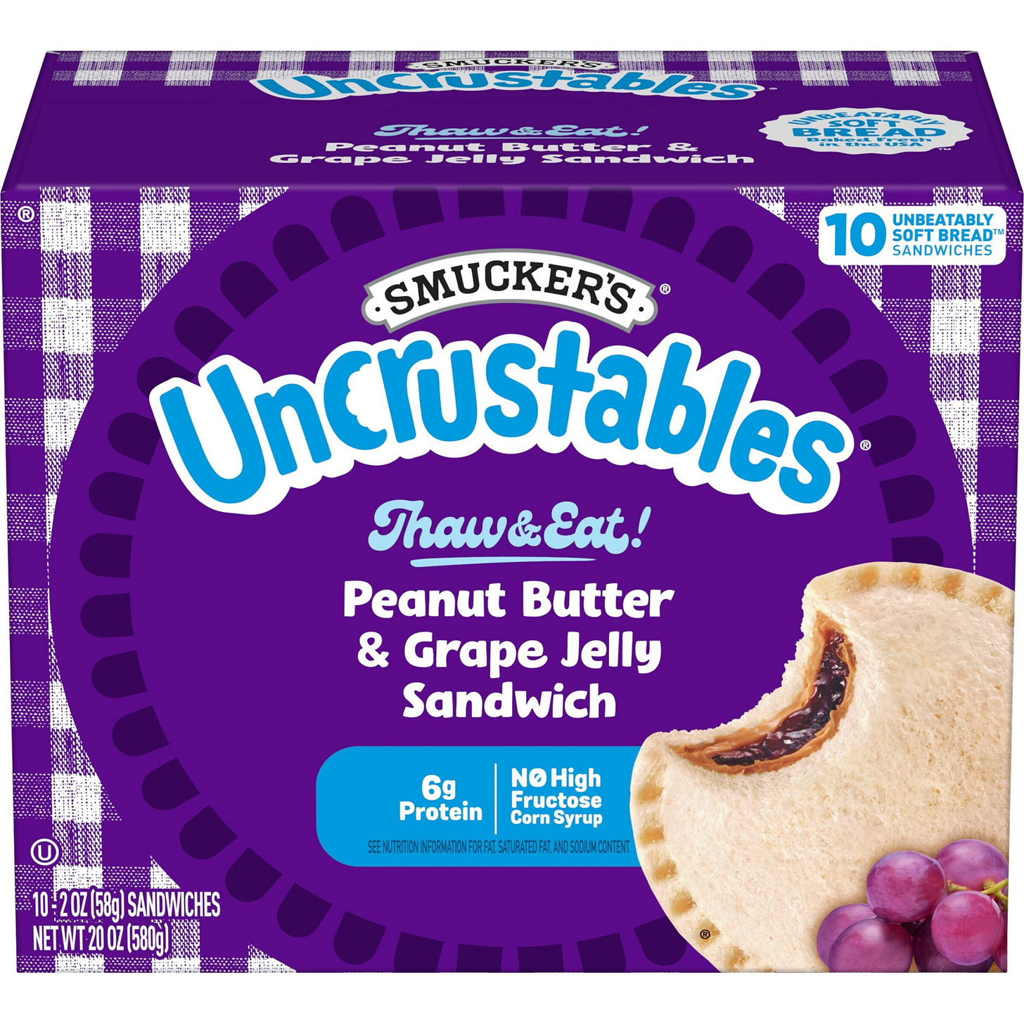Smucker’s Uncrustables Peanut Butter & Grape Jelly Sandwiches, 10 Count, 2  Oz. Each, Frozen