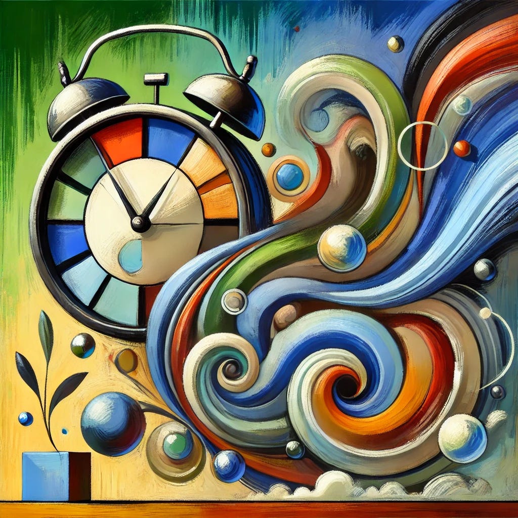 An abstract, playful painting representing time management and productivity. The composition features an abstract clock with fluid, dynamic shapes, symbolizing time slipping away. Vibrant, contrasting colors highlight a structured yet chaotic balance, with elements suggesting efficiency and wasted effort. The background consists of harmonious shades of green, blue, brown, and black, creating a natural atmosphere. The image emphasizes flatness with visible, lively brushstrokes adding texture, evoking a sense of motion and focus. The composition is balanced, making the clock the focal point while maintaining a decorative, two-dimensional appearance.