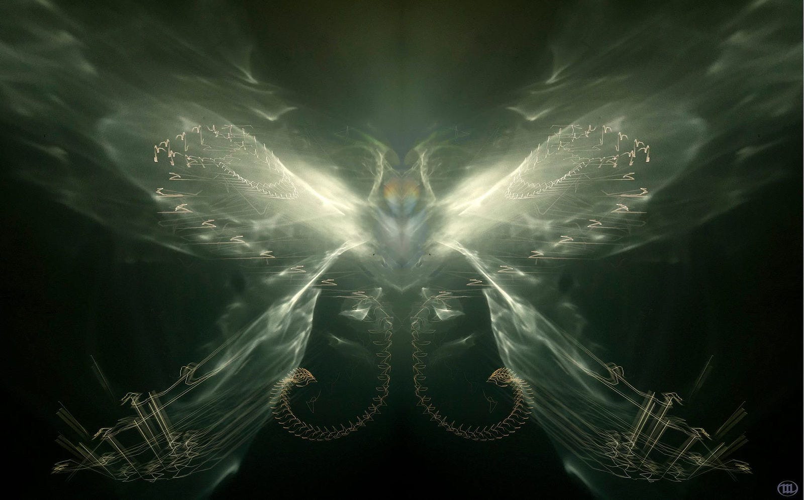 Digital composition, light on dark, featuring an abstract impression of moth-like wings made out of light with a masked face at the center. On closer examination, the digit 2 is warped and mirrored to give the top pair of wings. The number 6 is implied as the numbers taper in to the core of the figure and curl out like horns. The same manipulation with the number 5 mirrored and warped is present in the lower wings.
