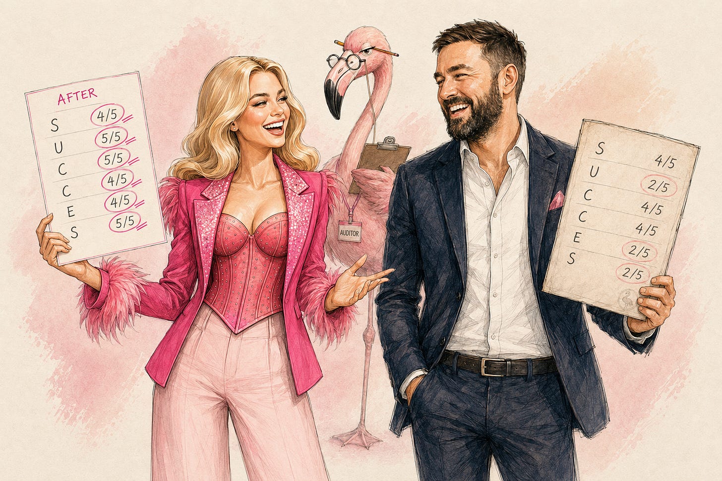 Illustrated characters holding SUCCESS Model scorecards, one showing high scores, one showing mixed scores
