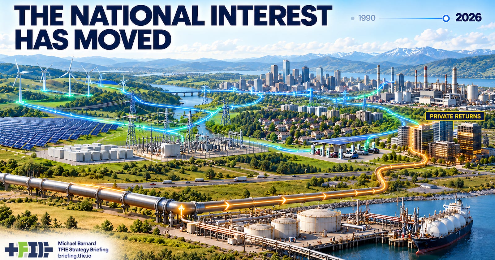 Wind, solar, batteries, and transmission connect to homes and industry; a separate fossil-fuel route leads to a building marked “Private Returns.”