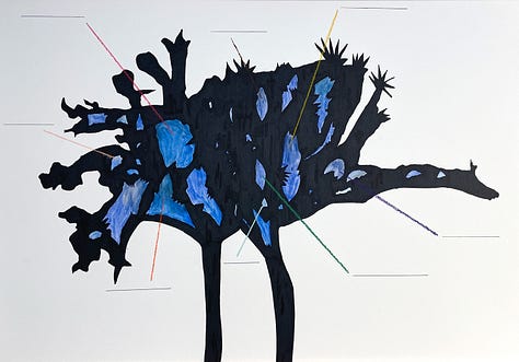 three music scores of abstract shapes, one with pebble shapes, one with squiggly graph lines, and the other a black silhouette of a joahua tree.
