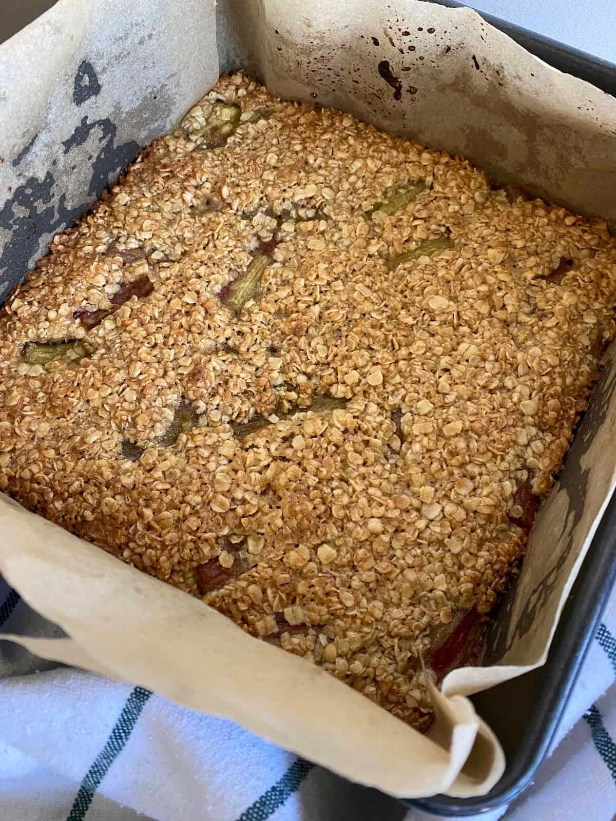 Rhubarb and Ginger Flapjacks before being sliced. Rhubarb and Ginger Flapjacks before being sliced.