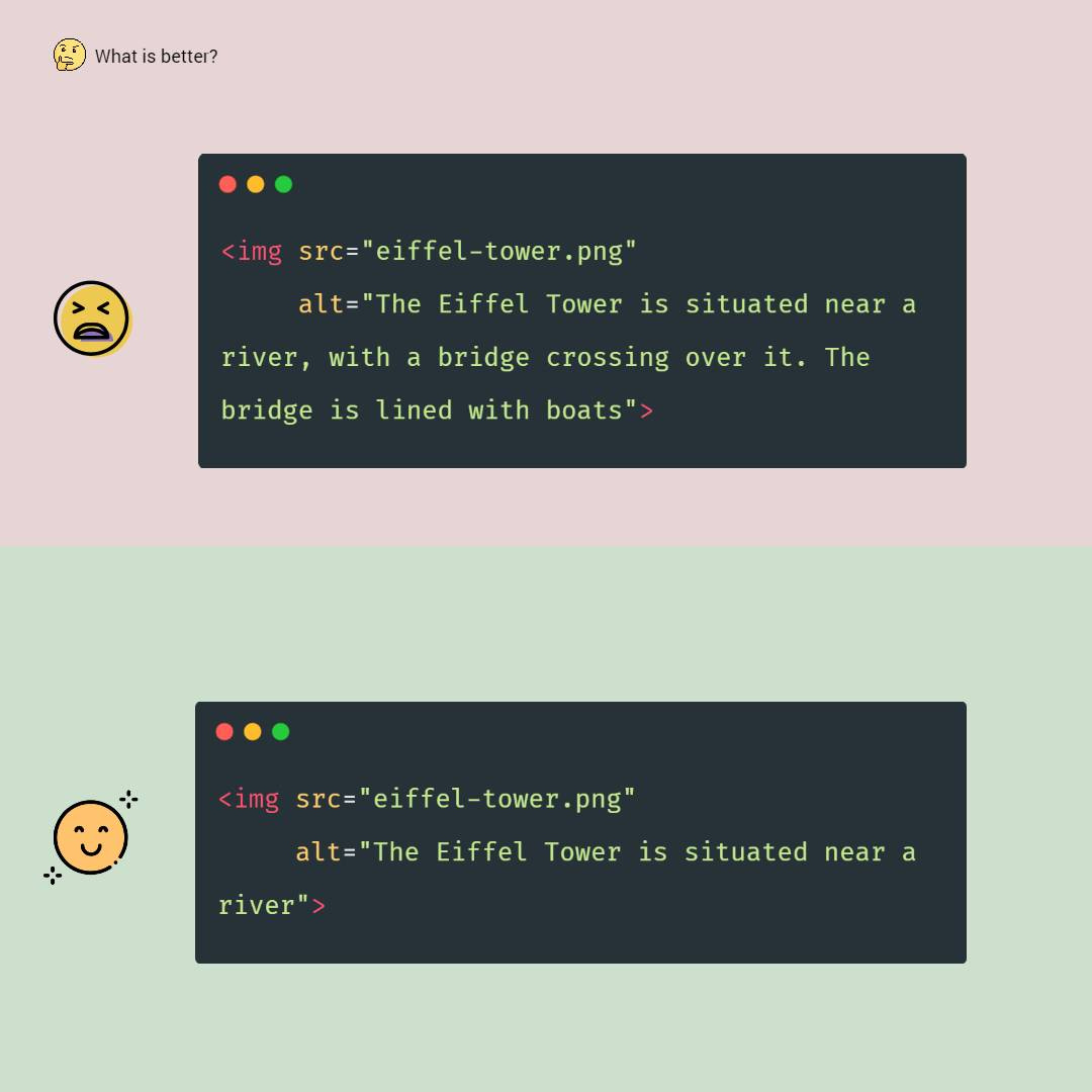 A wrong code. alt length about the Eiffel Tower is 176 symbols. A correct code. 42 symbols