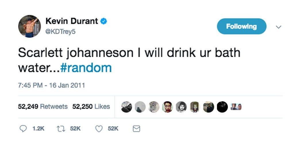 theScore on X: "After initially tweeting it in 2011, Durant says he would  still drink Scarlett Johansson's bathwater. https://t.co/lWpTlhkdbM  https://t.co/dZOfqTiwbg" / X