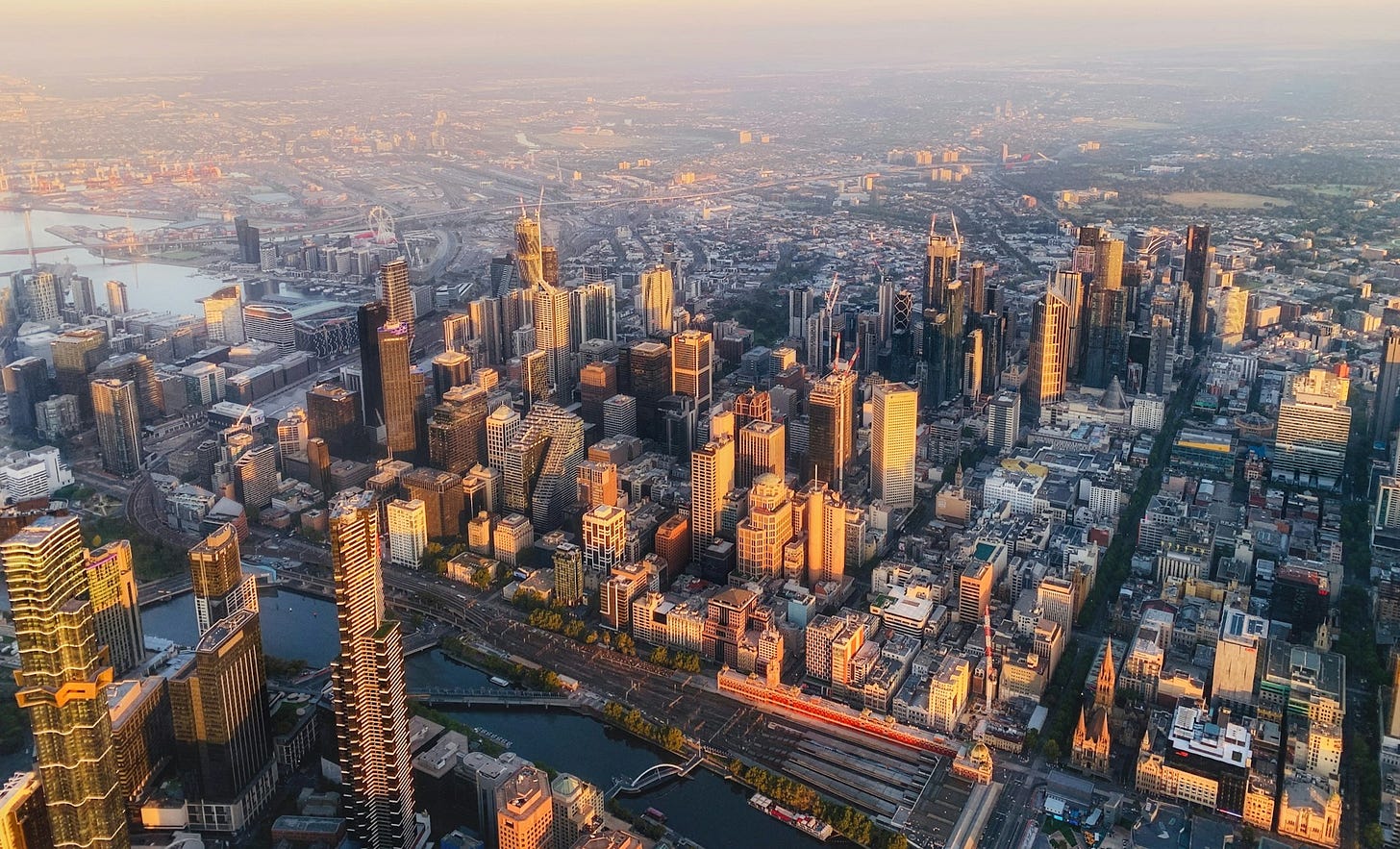 An aerial view of Melbourne's CBD seen from high in the sky
