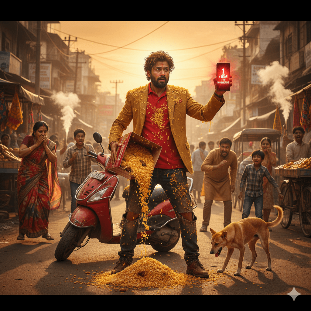 A delivery driver covered in biryani standing on a busy Indian street as bystanders run away from the smell, holding a phone showing a one-star review. A delivery driver covered in biryani standing on a busy Indian street as bystanders run away from the smell, holding a phone showing a one-star review.