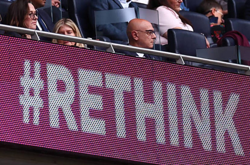 Tottenham Hotspur Chairman Daniel Levy sits in front of a advertisement board saying #rethink during the Premier League match between Tottenham Hotspur and Bournemouth at Tottenham Hotspur Stadium on August 30, 2025 in London, England. (Photo by Shaun Brooks - CameraSport via Getty Images)
