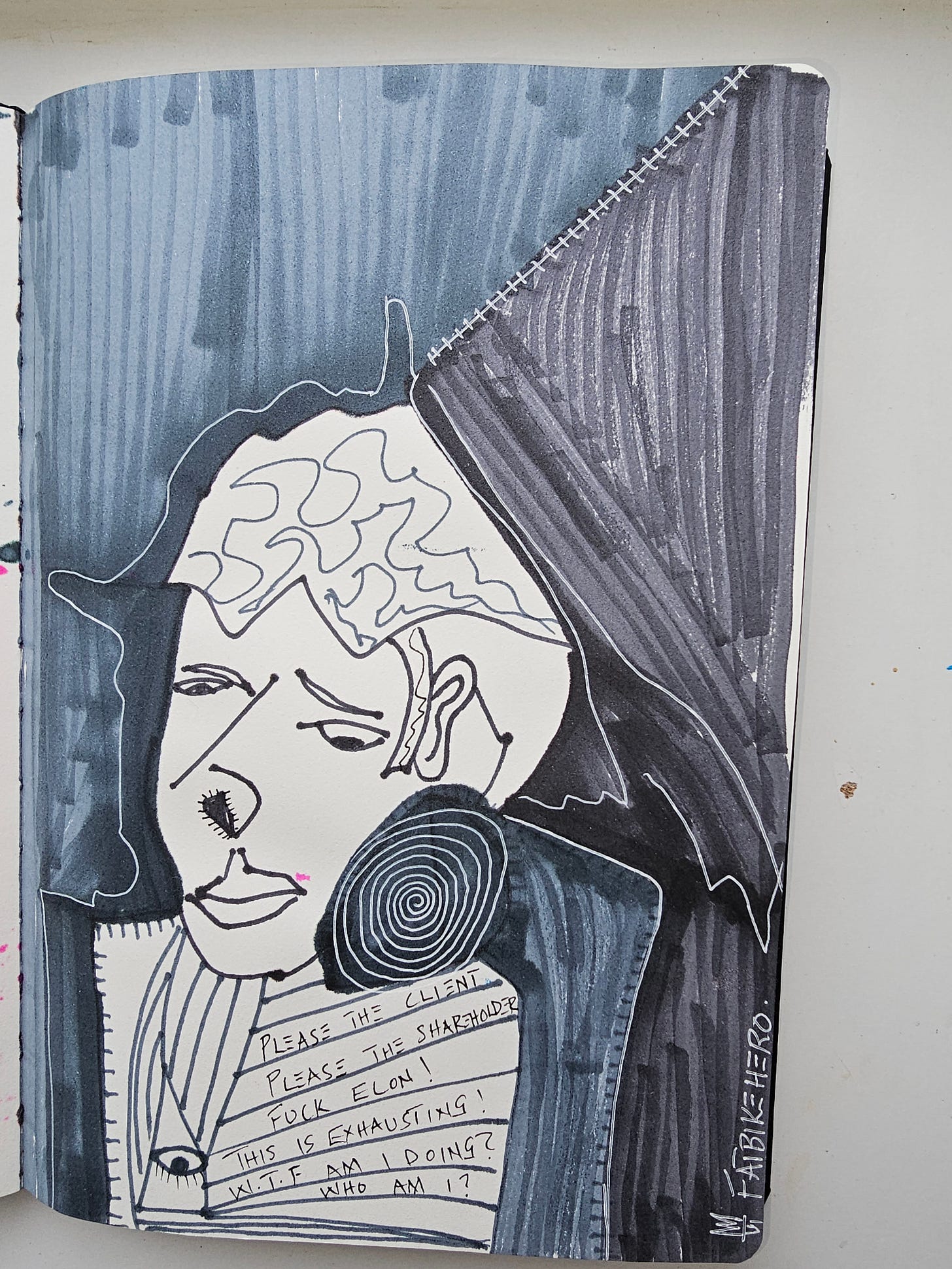 A raw, expressionist ink drawing by FatbikeHero depicting a stylized, distressed face of Sam Altman. The head is fragmented with a zipper-like scar. The chest features handwritten text reading "PLEASE THE CLIENT," "PLEASE THE SHAREHOLDER," "FUCK ELON!," "THIS IS EXHAUSTING!," and "WHO AM I?". A dark spiral covers the neck area A raw, expressionist ink drawing by FatbikeHero depicting a stylized, distressed face of Sam Altman. The head is fragmented with a zipper-like scar. The chest features handwritten text reading "PLEASE THE CLIENT," "PLEASE THE SHAREHOLDER," "FUCK ELON!," "THIS IS EXHAUSTING!," and "WHO AM I?". A dark spiral covers the neck area