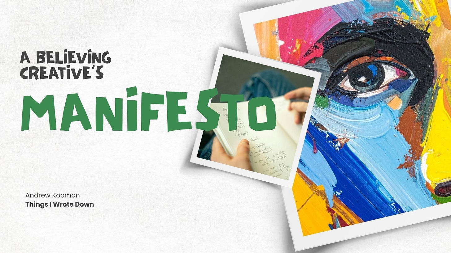A picture of a faith-filled creator writes out notes beside a paiting of a human face - part of a believing creative's manifesto by writer Andrew Kooman