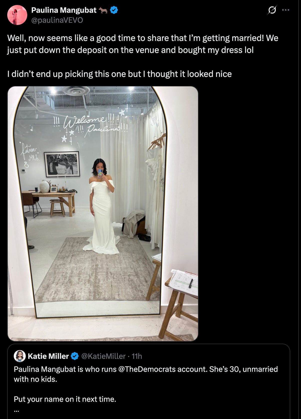Paulina Mangubat Twitter: Well, now seems like a good time to share that I’m getting married! We just put down the deposit on the venue and bought my dress lol I didn’t end up picking this one but I thought it looked nice Paulina Mangubat Twitter: Well, now seems like a good time to share that I’m getting married! We just put down the deposit on the venue and bought my dress lol I didn’t end up picking this one but I thought it looked nice
