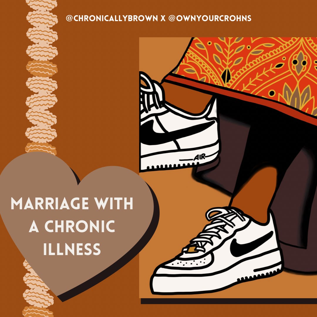  Heart shape with the title “Getting married with a chronic illness” behind is a digital drawing of a woman wearing traditional wedding lehenga whilst white nike Air Force 1s are poking through.