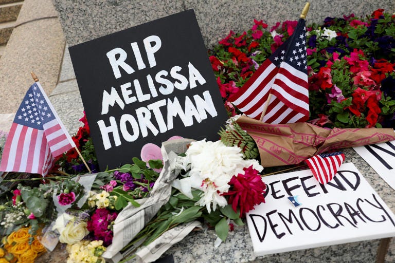 A memorial for Hortman and her husband is set up outside the Minnesota State Capitol in St. Paul, Minnesota on Saturday.