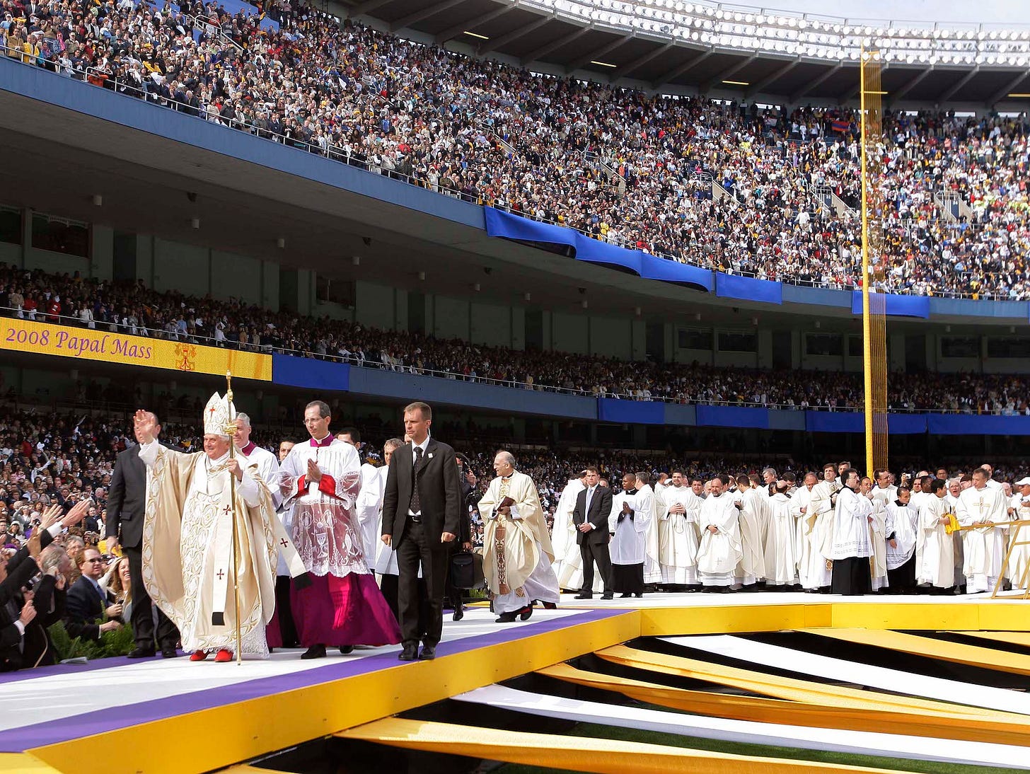Benedict arrives to celebrate Mass at New York's Yankee Stadium in April 2008. During his trip to the United States, he also visited the White House and spoke to the United Nations General Assembly. Benedict arrives to celebrate Mass at New York's Yankee Stadium in April 2008. During his trip to the United States, he also visited the White House and spoke to the United Nations General Assembly.