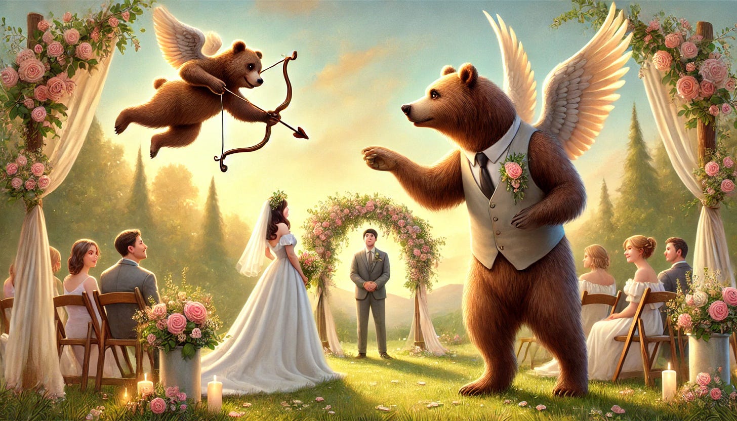 A whimsical scene of a grizzly bear cupid with wings, hovering gently in the air over a wedding ceremony. The bear is holding a bow and arrow, with a friendly expression, looking down at a happy couple standing together in a beautiful outdoor setting. The wedding backdrop features flowers, greenery, and a soft, golden sunset. The grizzly bear cupid adds a playful and joyful element to the romantic atmosphere of the wedding. The scene is heartwarming and lighthearted, mixing nature with fantasy.