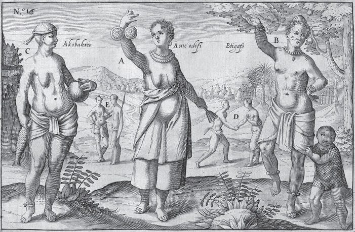 Depiction of three Guinean women - two with pendulous breasts and a third with small breasts and large nipples Depiction of three Guinean women - two with pendulous breasts and a third with small breasts and large nipples