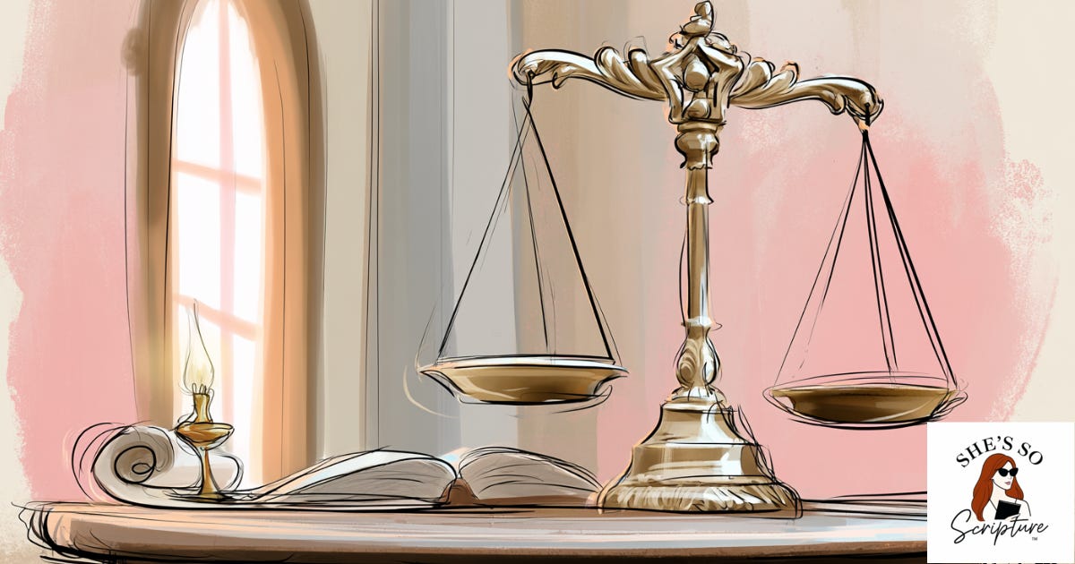 Illustrated antique balance scale on a wooden study table beside an open scroll and oil lamp in warm blush and cream watercolor tones