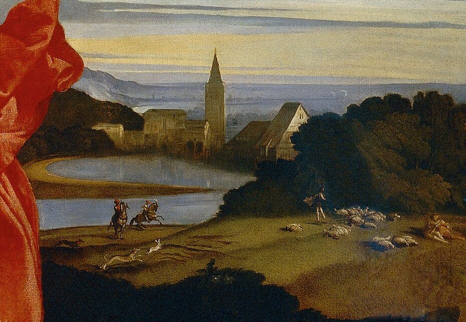 Close view of the right landscape, a plain by the water, a shepherd and his flock, and a church with a bell tower.