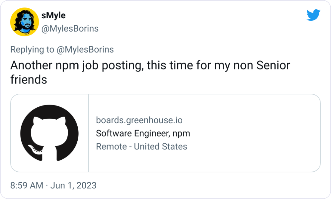 sMyle @MylesBorins Another npm job posting, this time for my non Senior friends sMyle @MylesBorins Another npm job posting, this time for my non Senior friends