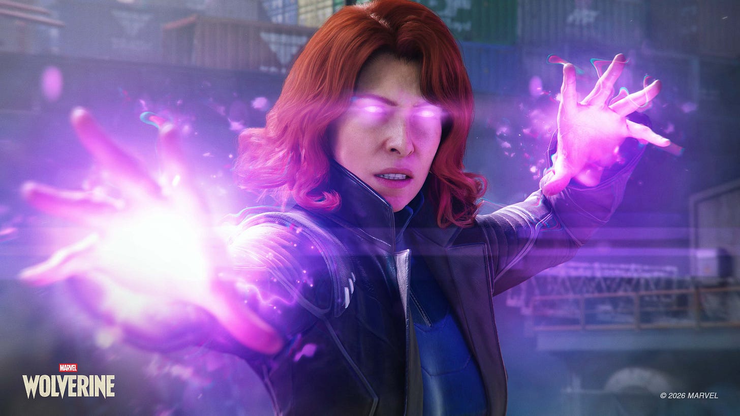 "Jean lifts her right arm in front and left hand up to the side of her face as a bright, purple aura illuminates her hands and eyes. She’s gearing up to use her telekinetic powers." "Jean lifts her right arm in front and left hand up to the side of her face as a bright, purple aura illuminates her hands and eyes. She’s gearing up to use her telekinetic powers."