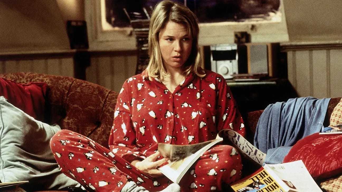 Bridget Jones in her pajamas at the start of the film. Bridget Jones in her pajamas at the start of the film.