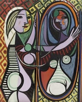 Picasso's Girl before a Mirror, a woman and her reflection in bold patterned color Picasso's Girl before a Mirror, a woman and her reflection in bold patterned color
