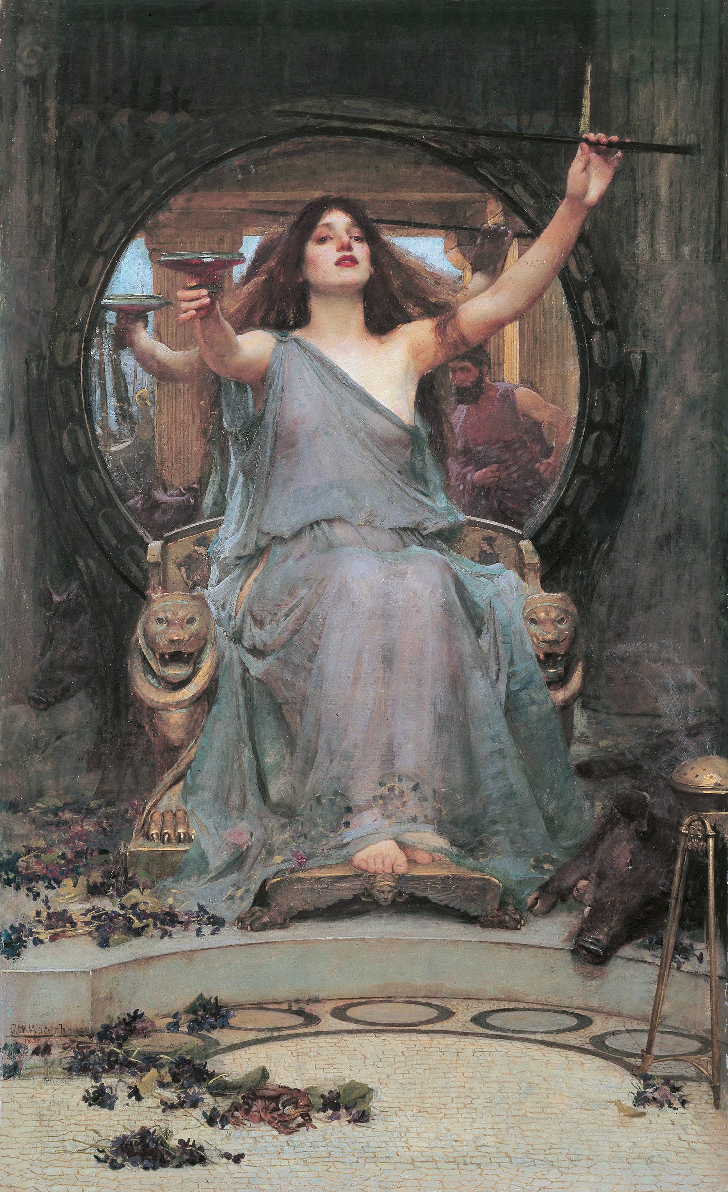 Circe enthroned holding out a cup, victims below Circe enthroned holding out a cup, victims below