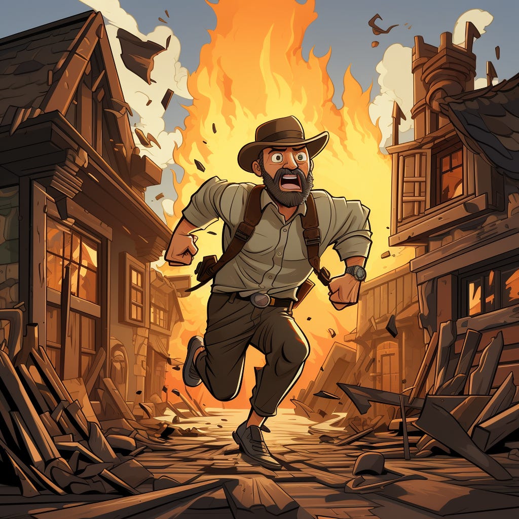 An older adventurer is running from a massive fire, indicating that he was not ready for just how bad it would be.