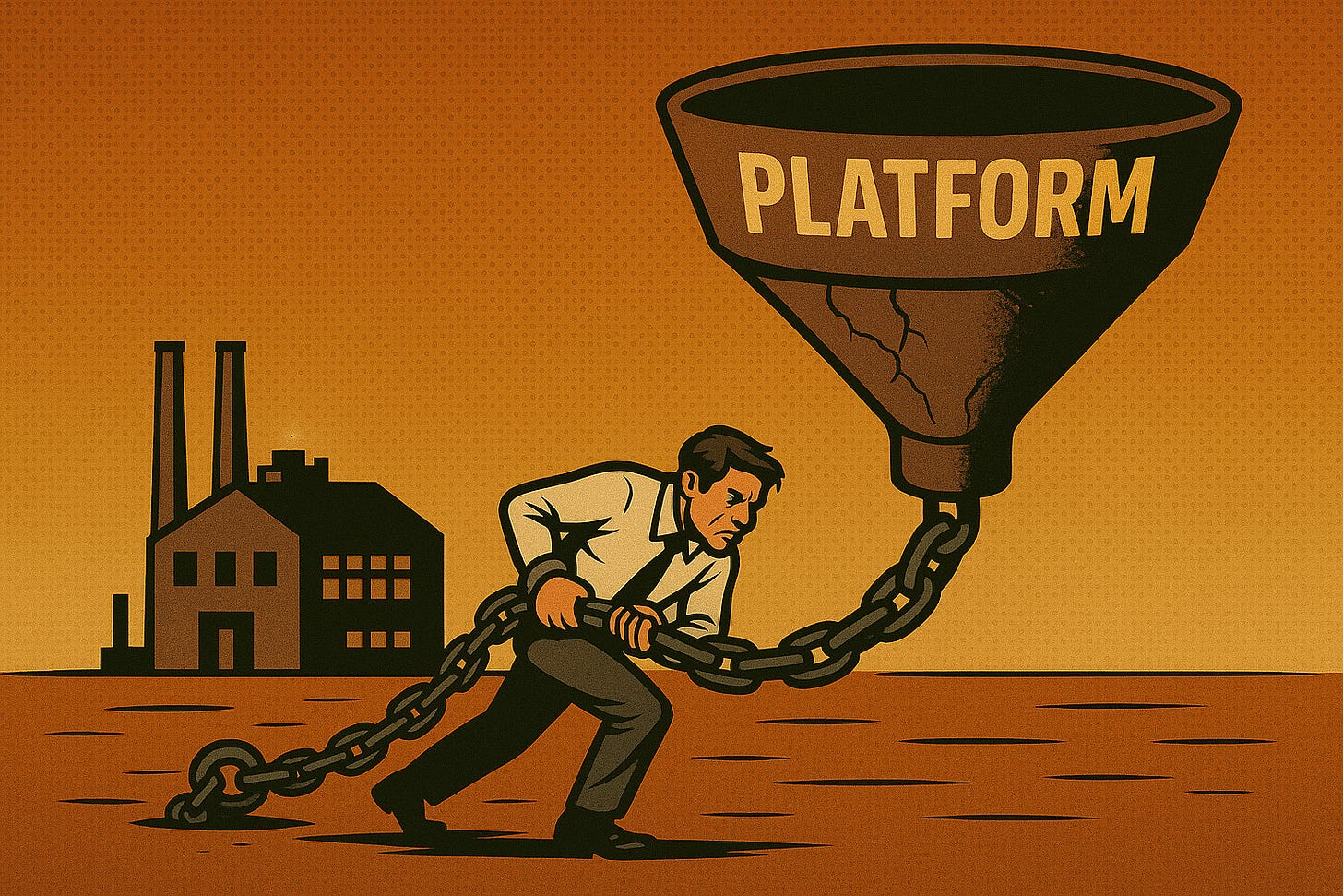 A strategist standing before an interconnected web of digital platforms (AWS, OpenAI, Stripe) with one glowing link symbolizing dependency and fragility within the platform economy.