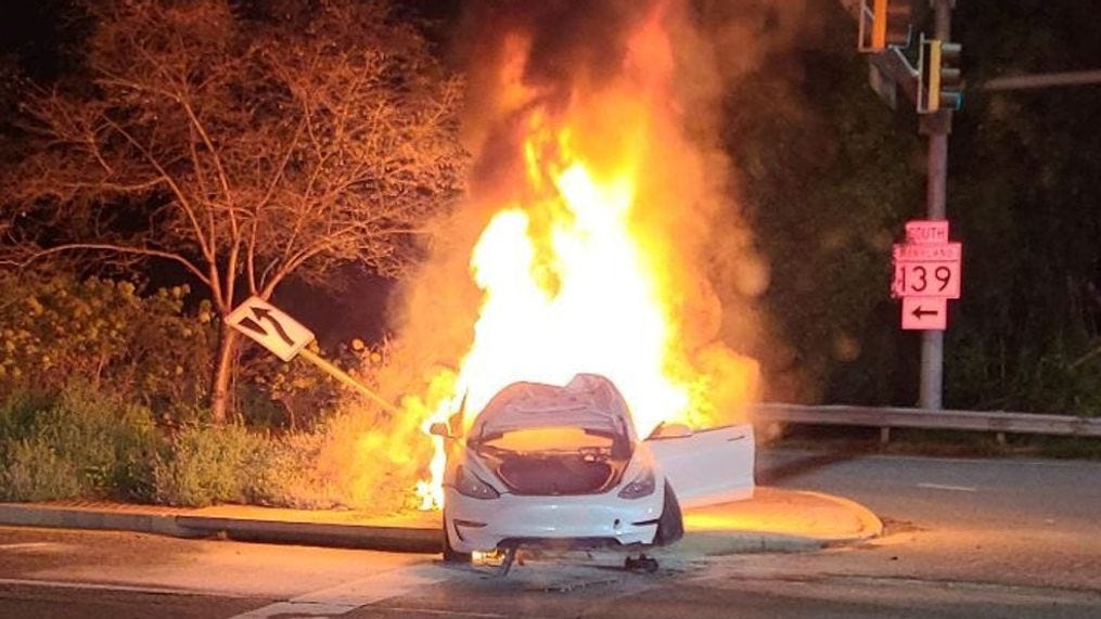 Tesla on fire in Towson requires large emergency response