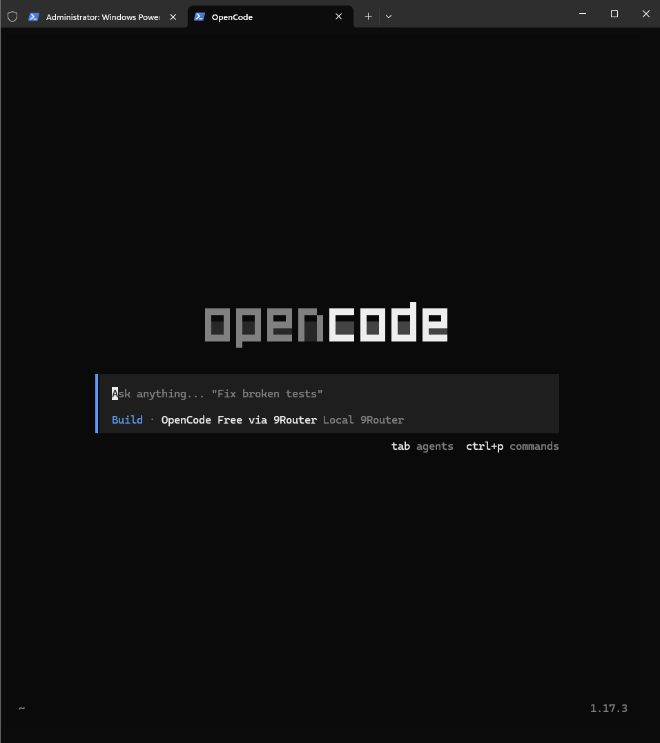 OpenCode terminal UI after the first provider configuration. OpenCode terminal UI after the first provider configuration.